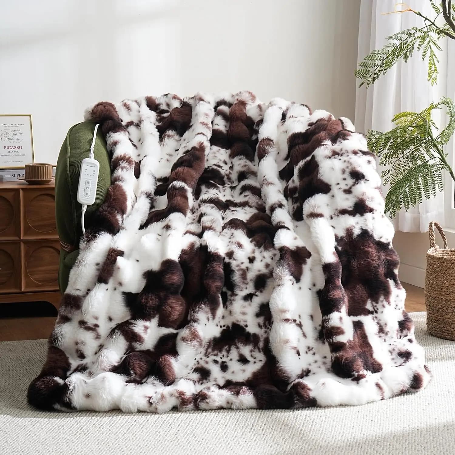 Coperta Elettrica Riscaldata con Stampa Mucca, Morbida Pelliccia Sintetica, 8 Impostazioni di Calore con Protezione dal Surriscaldamento, Riscaldamento Rapido per un Comfort Accogliente