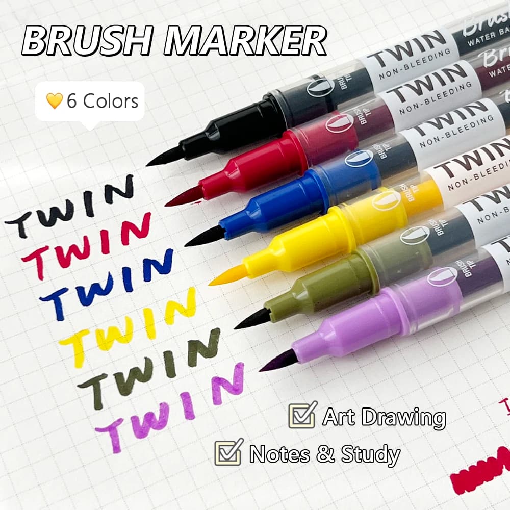 6 Colors ​Double Headed Soft Tip Markers Colorful Dual Tip Journal Brush Highlighter Pens for Study Notes​ Drawing Calligraphy