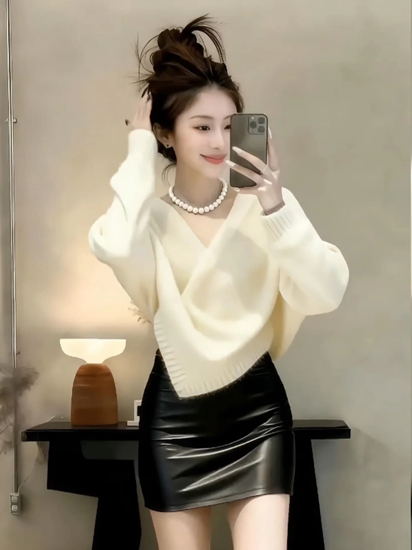 plus Size Autumn Winter Knitted Sweater PU Leather Skirt Set Women's Casual Faion Ensemble High Waist V-Ne Long Sve