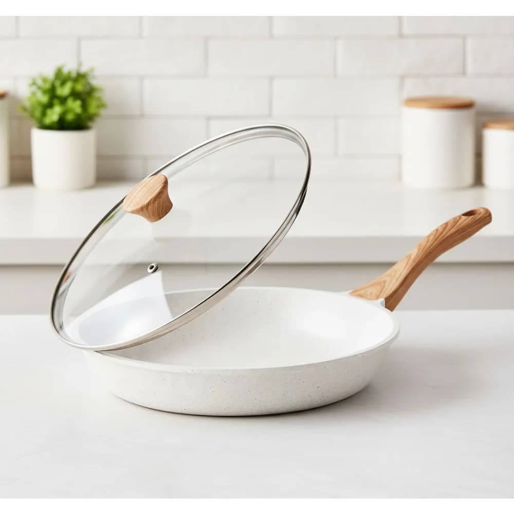 12.5 inch ceramic non-stick pan with lid, compatible with induction, healthy pan without PFAS for domestic chefs