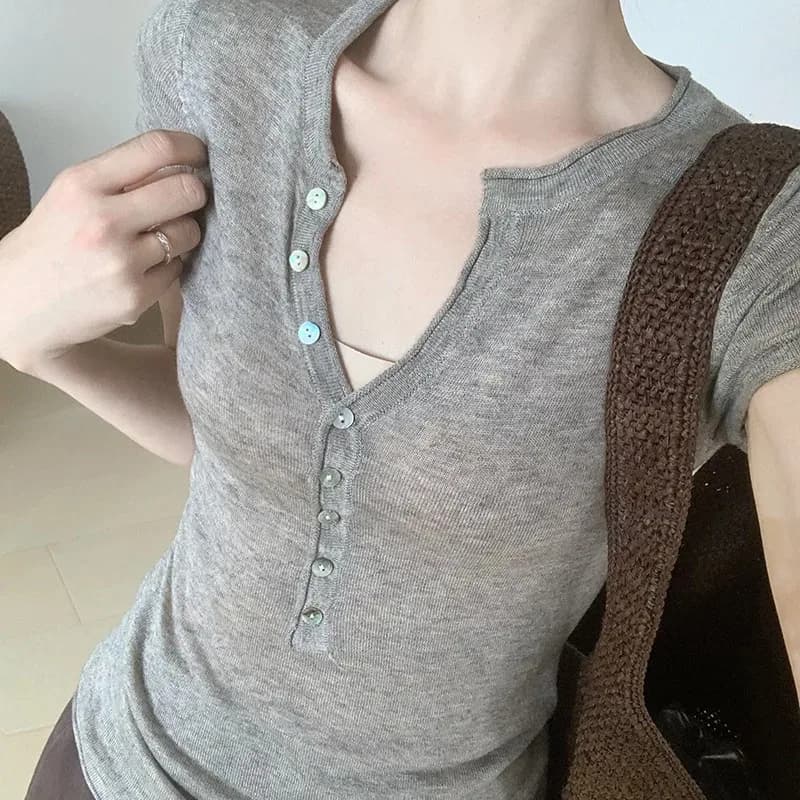 Temperament Slim Thin Short Sleeves 2026 Spring and Summer New Solid Color Thin Versatile Simple Style Spice Girl Style Top