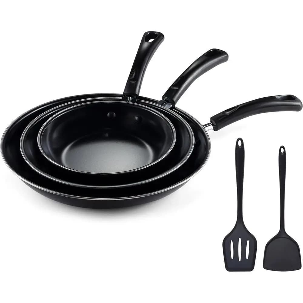 Set of 3-piece non-stick pans (8, 10, 12) + 2 silicone spatulas, premium coating, up to 450 degrees. ° Suitable for induction, gas and microwave