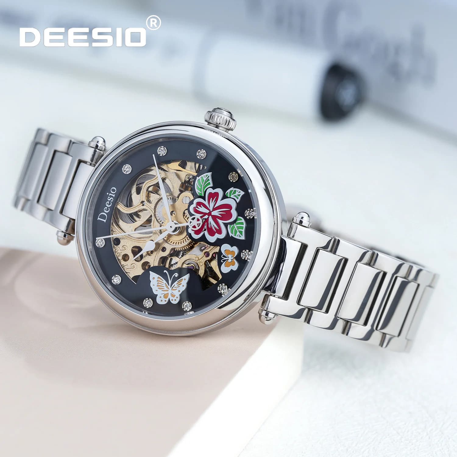 Deesio Butterfly Skeleton Dial Stainless Steel Ladies Mechanical Watch 30M Water Resistant Rhinestone Crystal Gift For Women