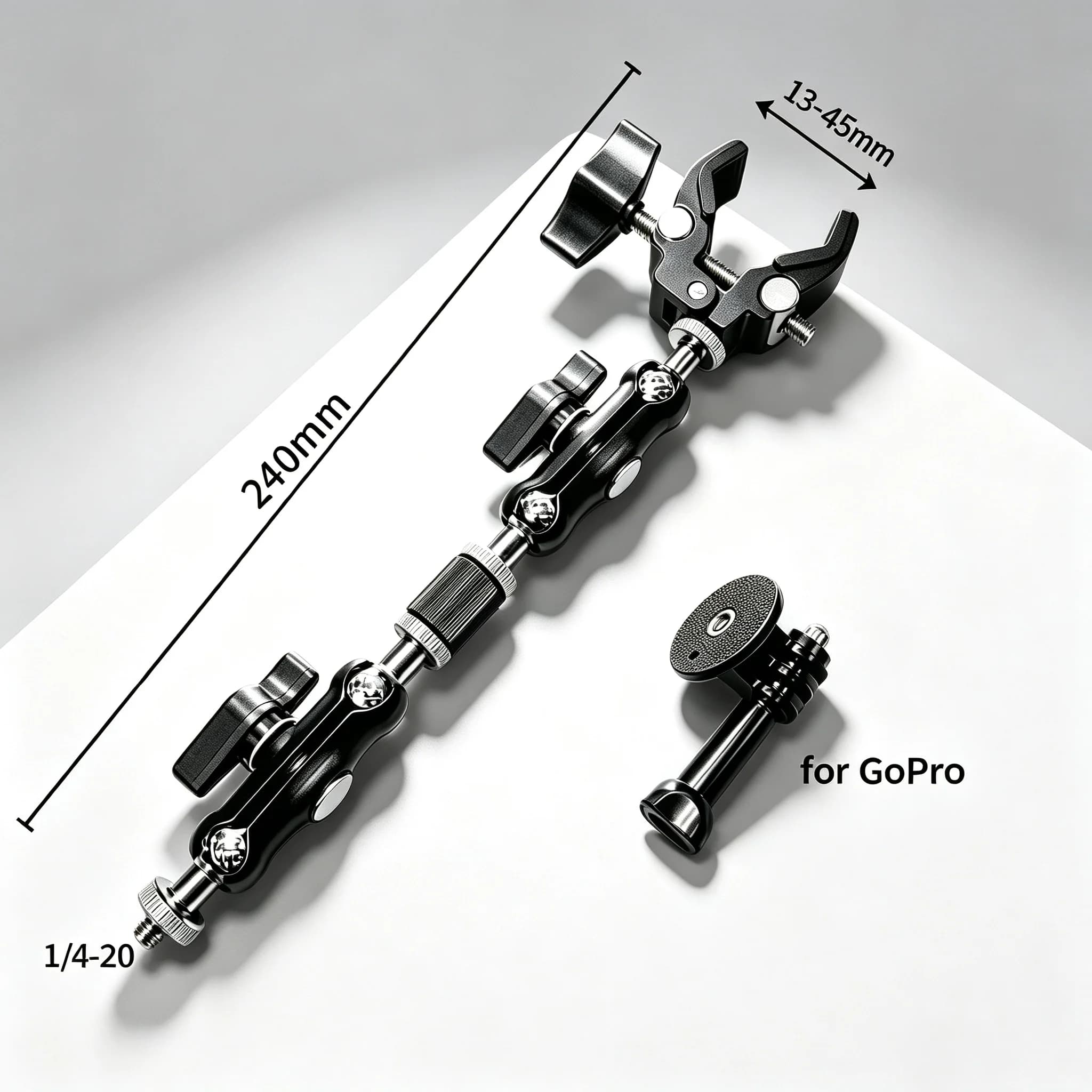 Morsetto Universale in Metallo con Doppia Testa a Sfera e Braccio Magico per DSLR, Monitor, Luce, Microfono, GoPro, Supporto Telefono, Accessori Fotografici