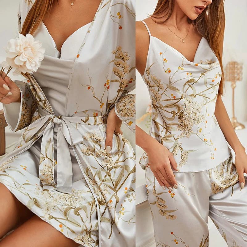 Set pigiama quattro pezzi stampato pigiameria piccola ciliegia camicia da notte in raso da donna con bretelle e pantaloncini vestiti estivi per la casa