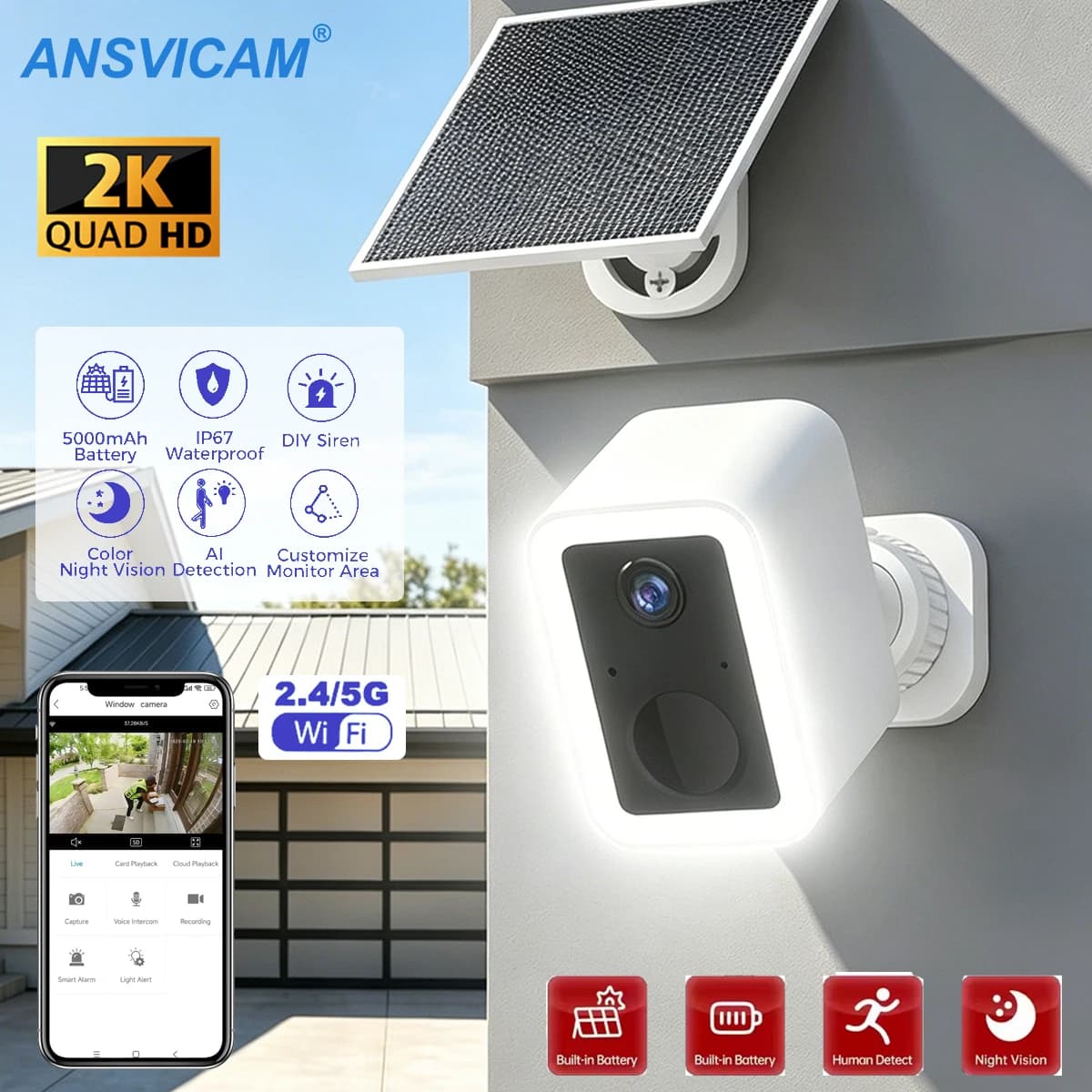 Telecamera di Sicurezza Solare 2K - Videocamera WiFi da Esterno a Batteria con Video HD, Sorveglianza Solare Wireless per la Protezione Domestica