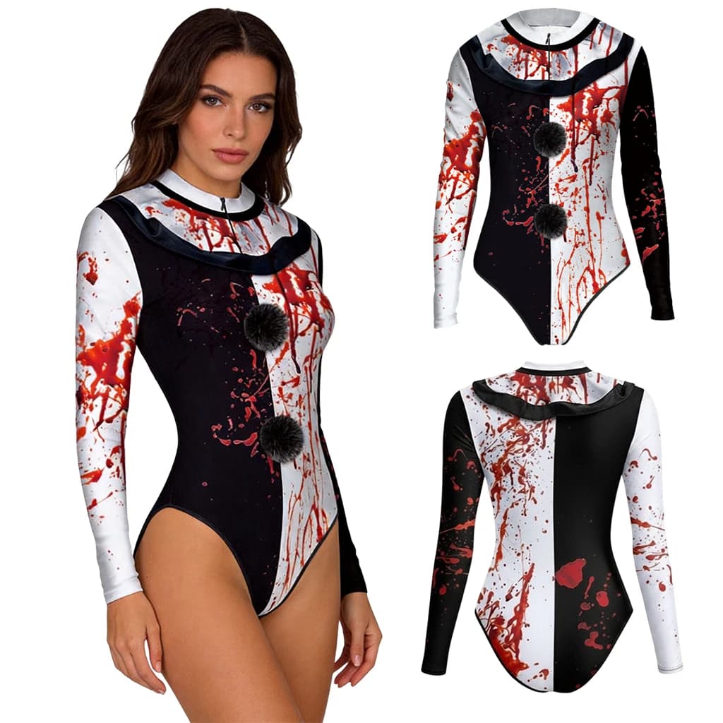 Horror Clown Costume Womens Black White Blood Splatter 3D Print Long Sleeve Front Zipper for Halloween Carnival Cosplay Outfit