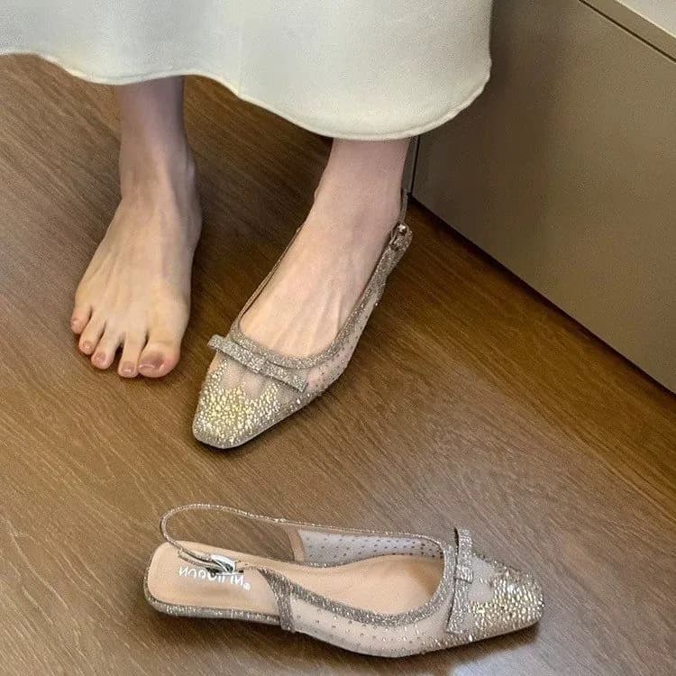 Glitter Rhinestone Bow Slingback Flats Women Square Toe Thin Strap Backless Mules Lightweight Slip On Daily Wedding Sandals