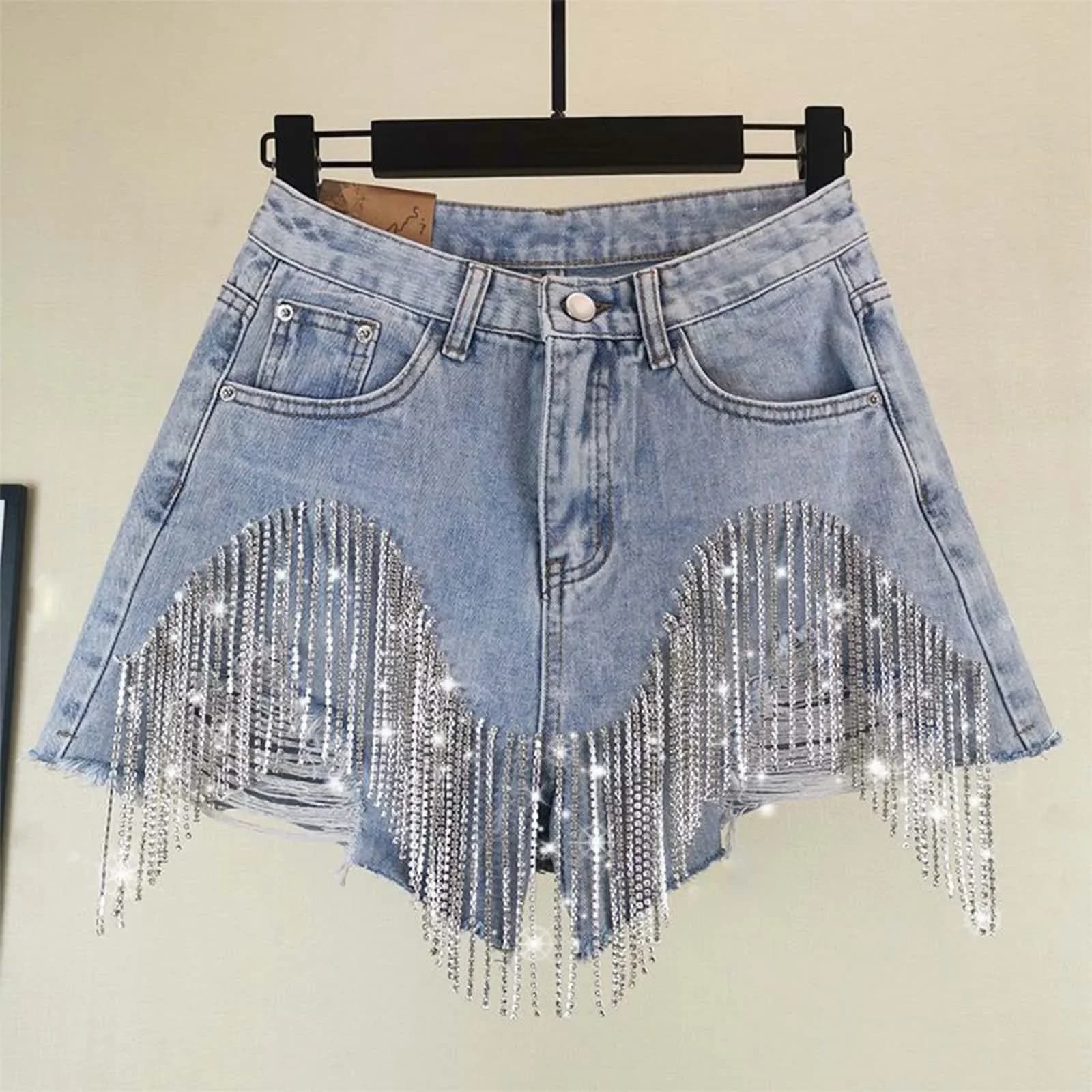 Jeans A catena di diamanti pantaloncini da donna per il tempo libero moda solido A vita alta una linea pantaloncini da donna A gamba larga Streetwear pantaloncini A vita bassa