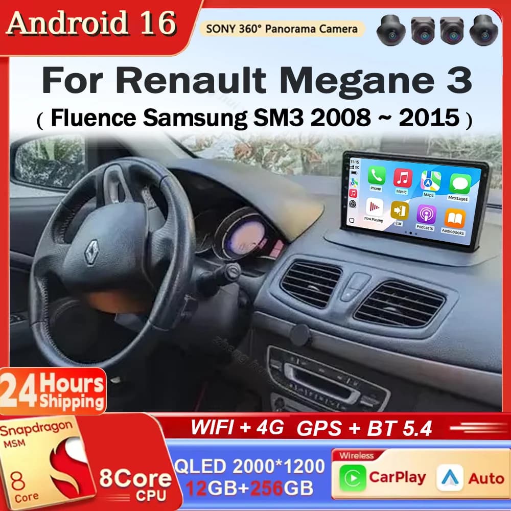 Autoradio multimediale Android 16 Carplay per Renault Megane 3 Fluence Samsung SM3 2008-2015, stereo 2 DIN.