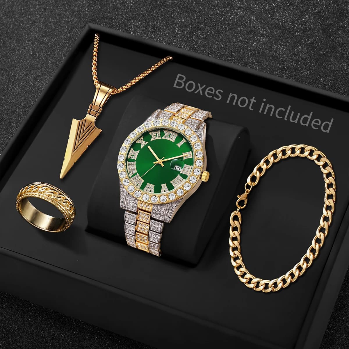 Set of 4 Luxury Men's Watches with Rhinestones, Fashion Roman Dial, Quartz Clock with Calendar, Reloj Hombre Jewelry Set (Without Box)