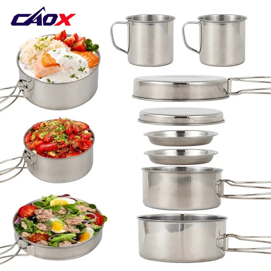 CAOX Set da 8 Pezzi per Campeggio, Kit di Pentole in Acciaio Inox con Piatti e Tazze per Escursioni e Backpacking all'Aperto