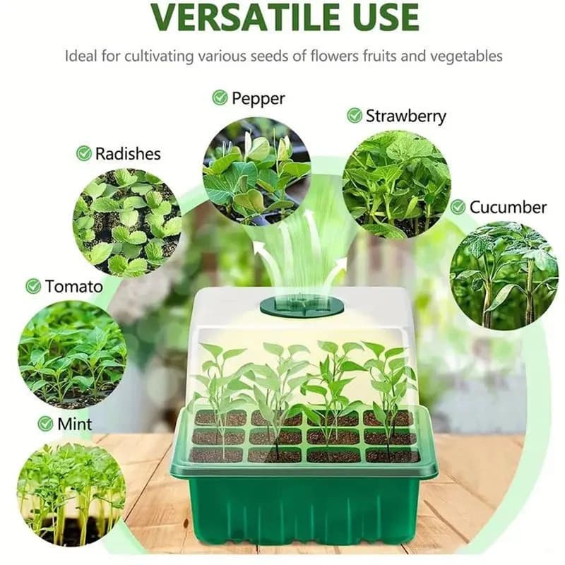 Seed Starter Tray 12 Well with Adjustable Humidity Dome Reusable Plastic Germination Kit for Vegetables Flowers Herbs Succulents