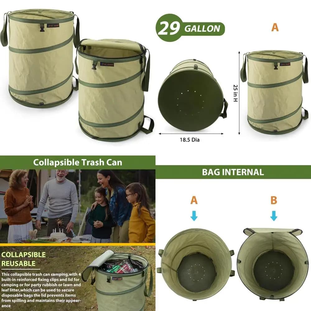 yudi & garden pattumiera pieghevole con fondo rigido da 29 galloni | borsa da giardino pieghevole | pattumiera da campeggio, confezione da 2 verde per la raccolta