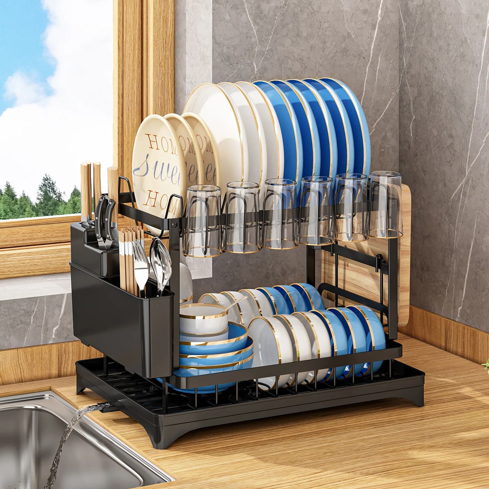 Stendino for multifunctional dishes - Stendini for 2 levels anti-rust with shelf, space saving design, tools and cup holders