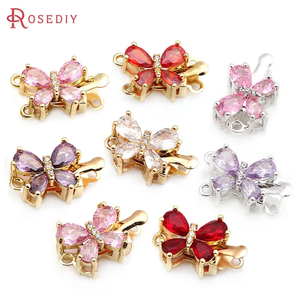 4 sets of brass Color 18K gold and zircon butterfly 1 line and 2-line necklaces connect accessories clips for creating DIY jewelry