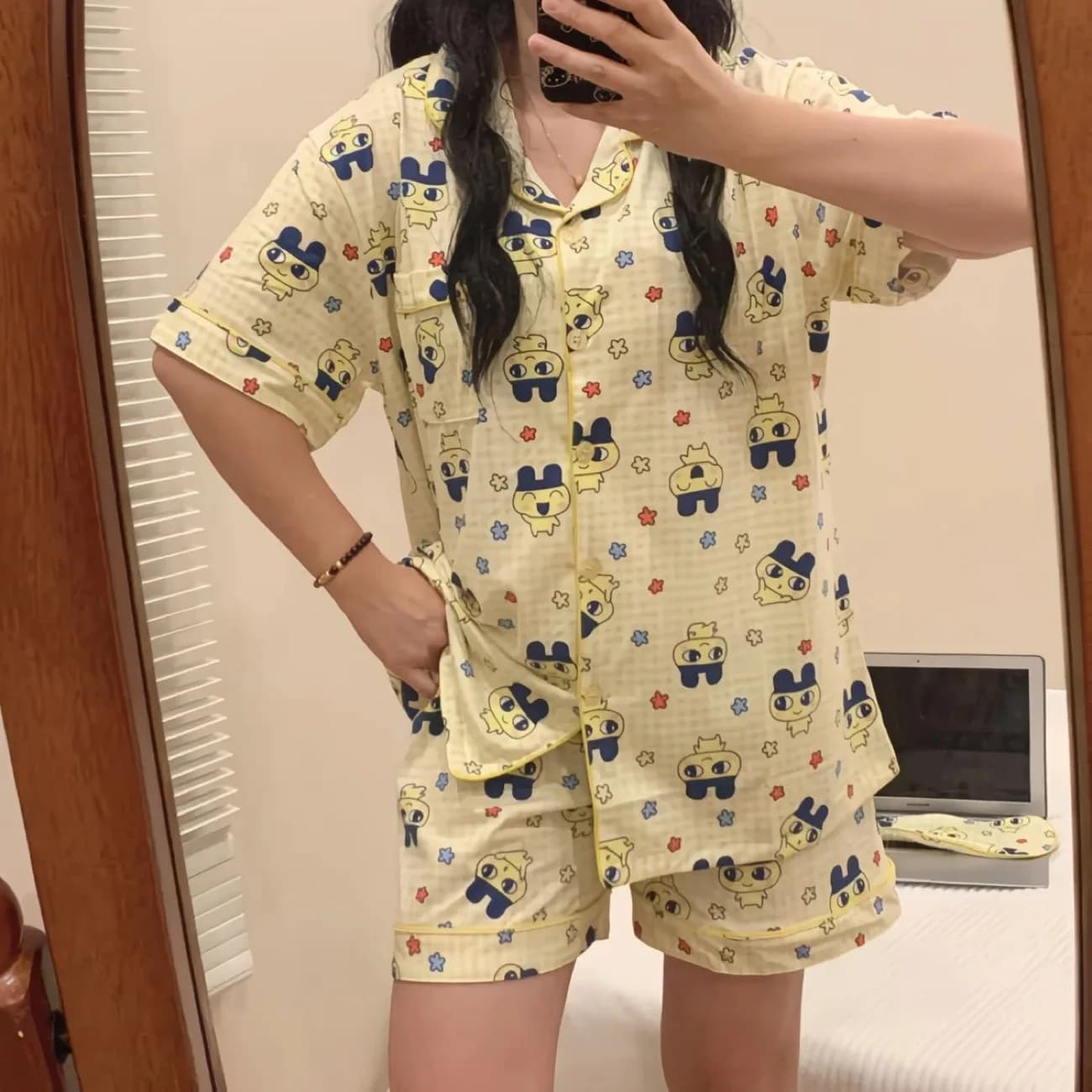 Pigiama Estivo da Donna Hot Tamagotchi Mameiji in Puro Cotone a Maniche Corte e Pantaloncini, Set Pigiama Giapponese Anime Gioco Cartone Animato, Abbigliamento da Notte