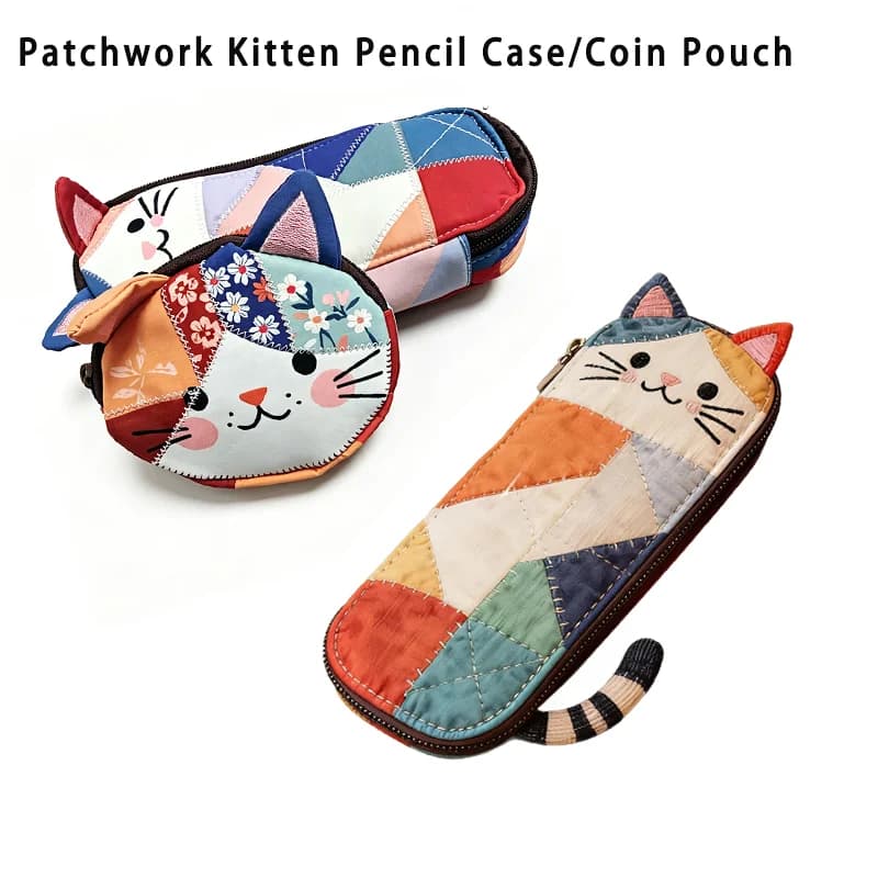 Astuccio per matite patchwork con gattino | Astuccio Portatile Unico e Pratico | Organizzatore per matite e articoli di cancelleria | Borsa portaoggetti