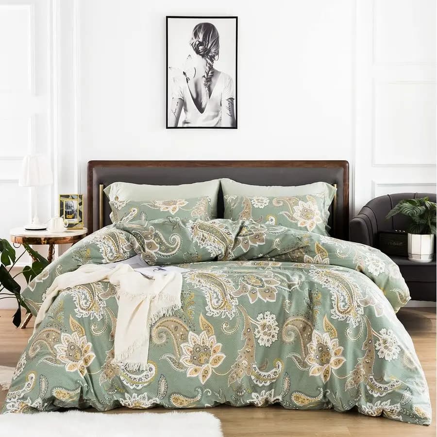 Set Copripiumino Paisley King 100% Cotone Verde Floreale 3 Pezzi 1 Copripiumino Boho Vintage con Motivo Floreale e Cerniera