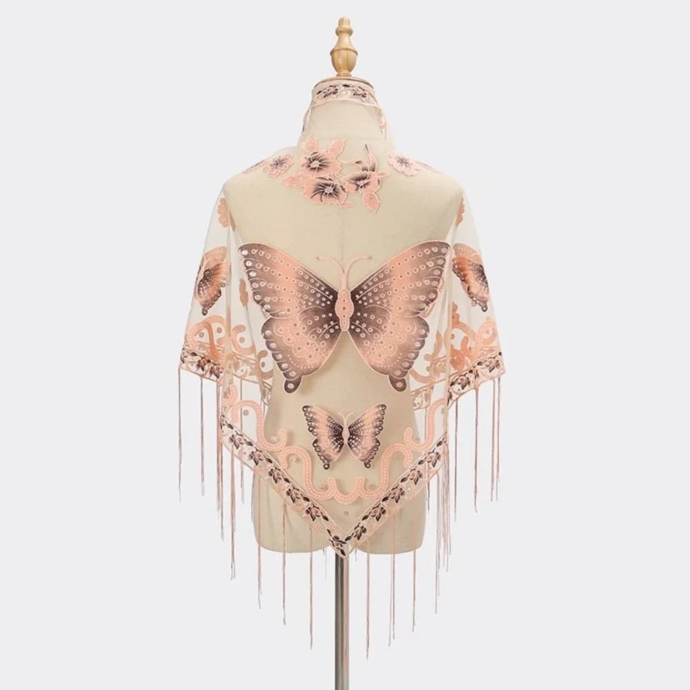 Fashion Flower Lace Hollow Scarf Butterfly Embroidery Tassel Triangle Shawl Polyester Transparent Mesh Scarves Church