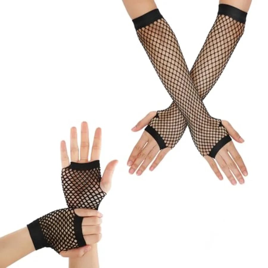 Yolev 2 Pairs Long Fingerless Fishnet Gloves for 80s Party