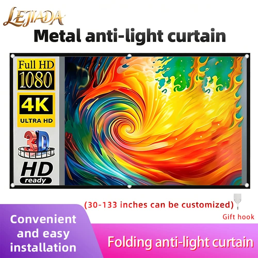 LEJIADA Nuovo Schermo per Proiettore Anti-Luce 16:9 con Bordo Nero e Fori, Grigio Metallizzato, Portatile ±30 ° Ampio angolo di visione per la casa 60-133 pollici