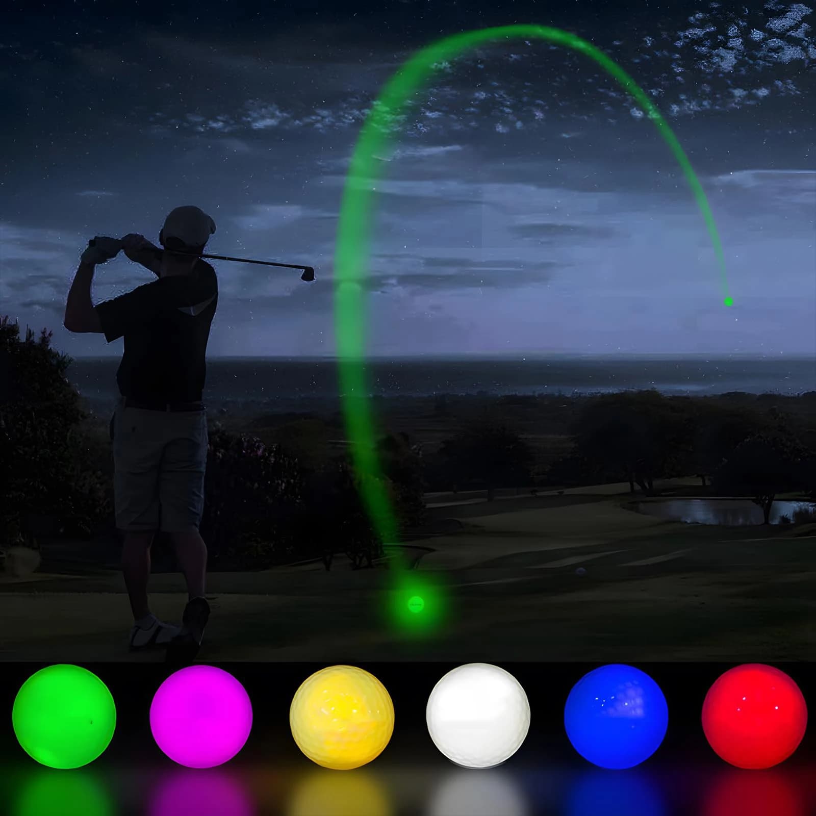 LED Light up Golf Balls, Glow in the Dark Night Golf Balls - Multi Colors of Blue, Orange, Red, White, Green, Pink - Pack of 6