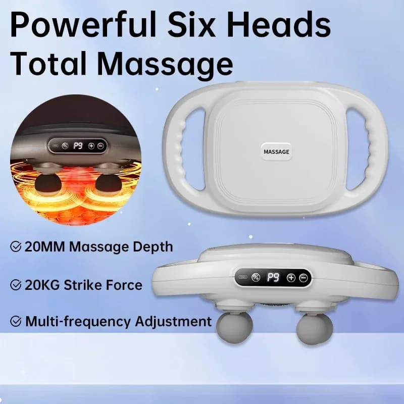 Belt gun for relaxation of muscles at 6 heads, professional wireless massager for waist and back, high frequency vibration for muscles