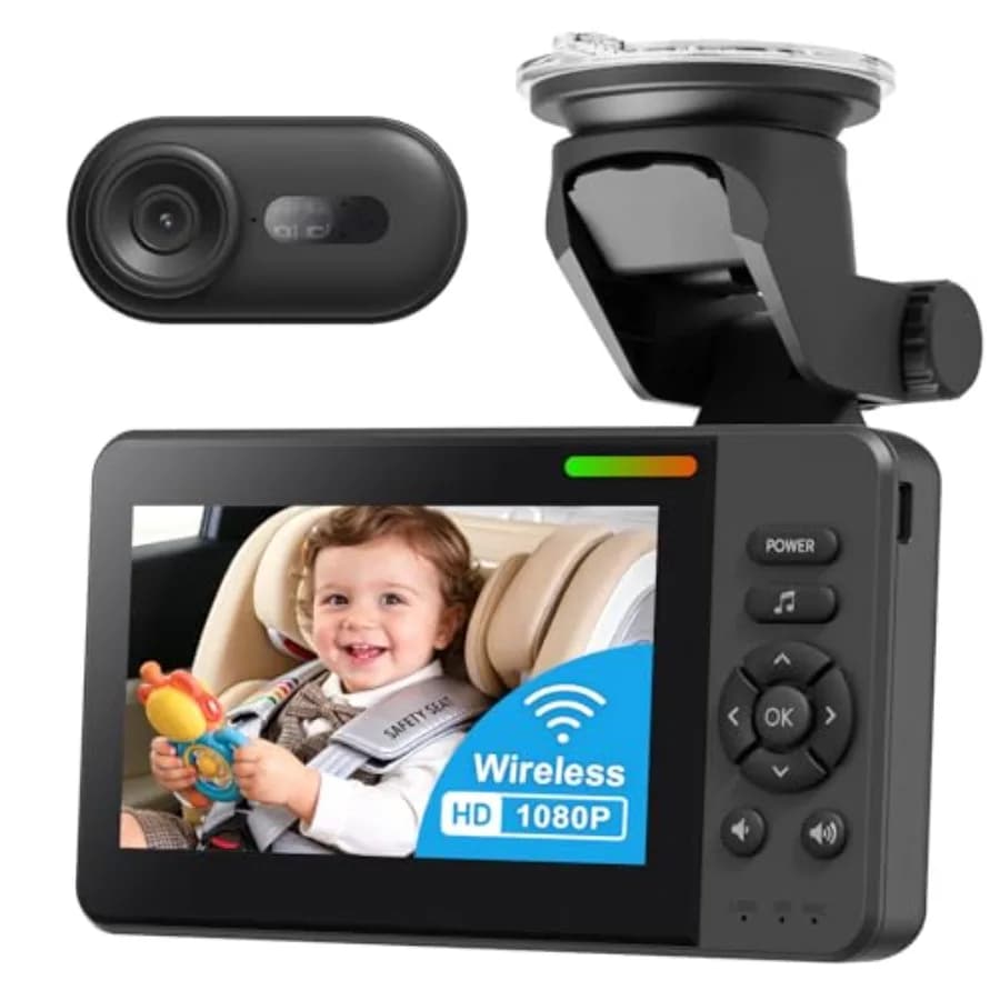 Wireless Baby Car Camera Monitor for rear-facing seats: 4.3 display, 360 rotating cam, ABS plastic, black, no Wi-Fi needed, 108