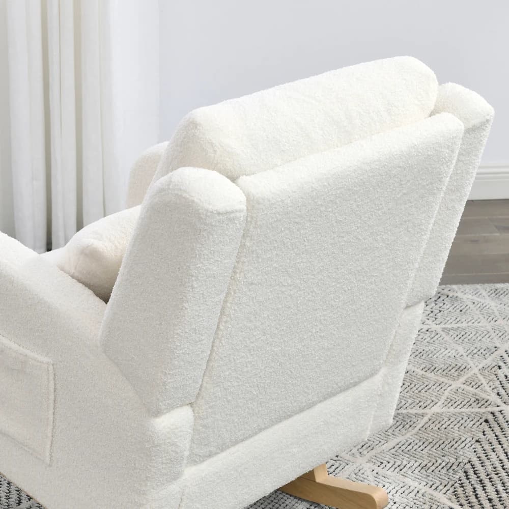 Poltrona a dondolo casual da soggiorno con schienale alto e accento moderno da 27,5 pollici con un cuscino lombare, due tasche laterali, orsacchiotto bianco per uso domestico