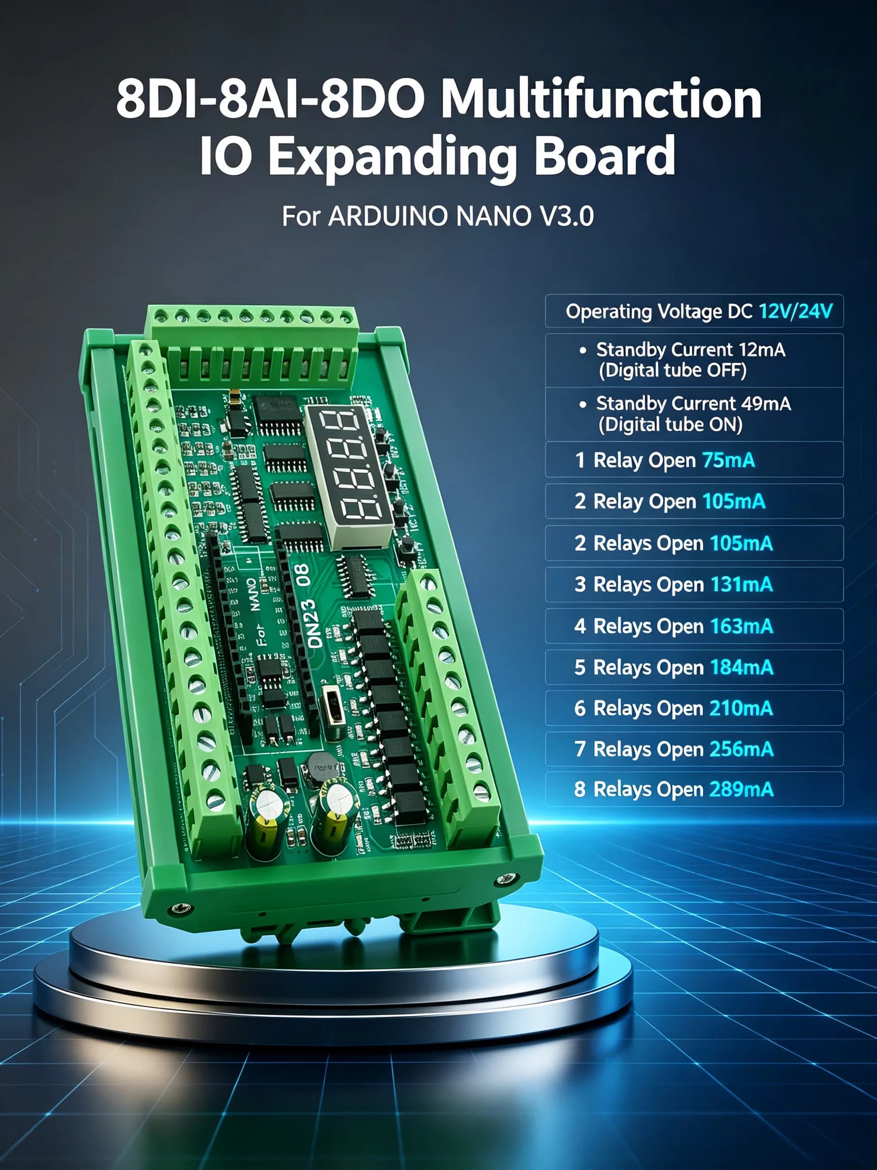 Arduino PLC IO Expansion Module 8AI 8DI 8DO 8AO RS485 Modbus RTU Interface for Industrial Automation with Analog Sensor Input
