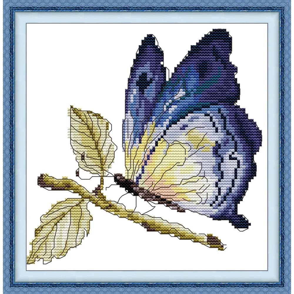 Joy Sunday News Pre-Printed Cross Stitch Kit, Stamped Aida Fabric with DMC Threads, Embroidery Kit - Blue Butterfly