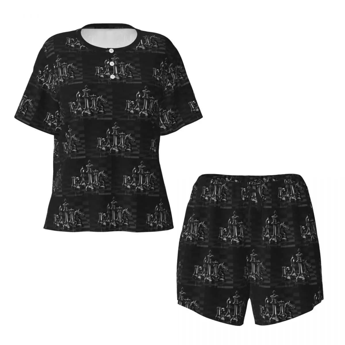 Black King Chess The-chessboard Camicie da notte a maniche corte con scollo rotondo per dormire, camicie da notte da donna, set pigiama ampio, pantaloni corti