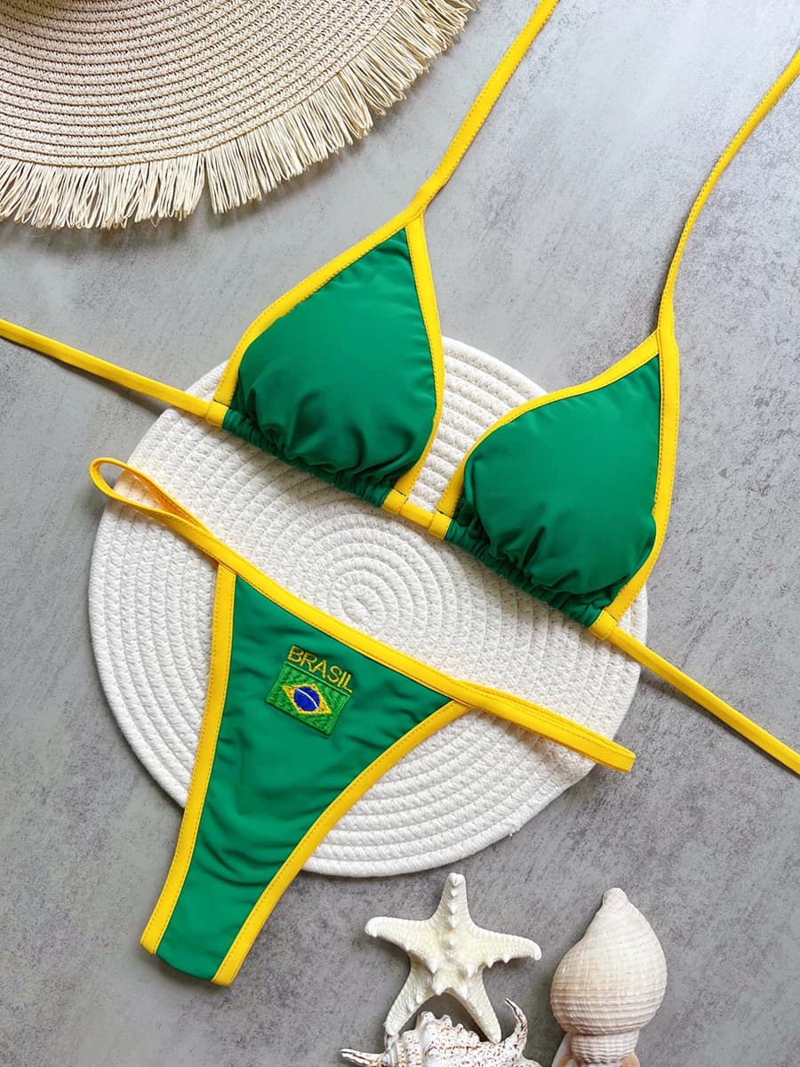 2025 New women's bikini with uniform print Swimwear Fashion G-string Seaside Holiday Push Up Beachwear Thickness Swimwear
