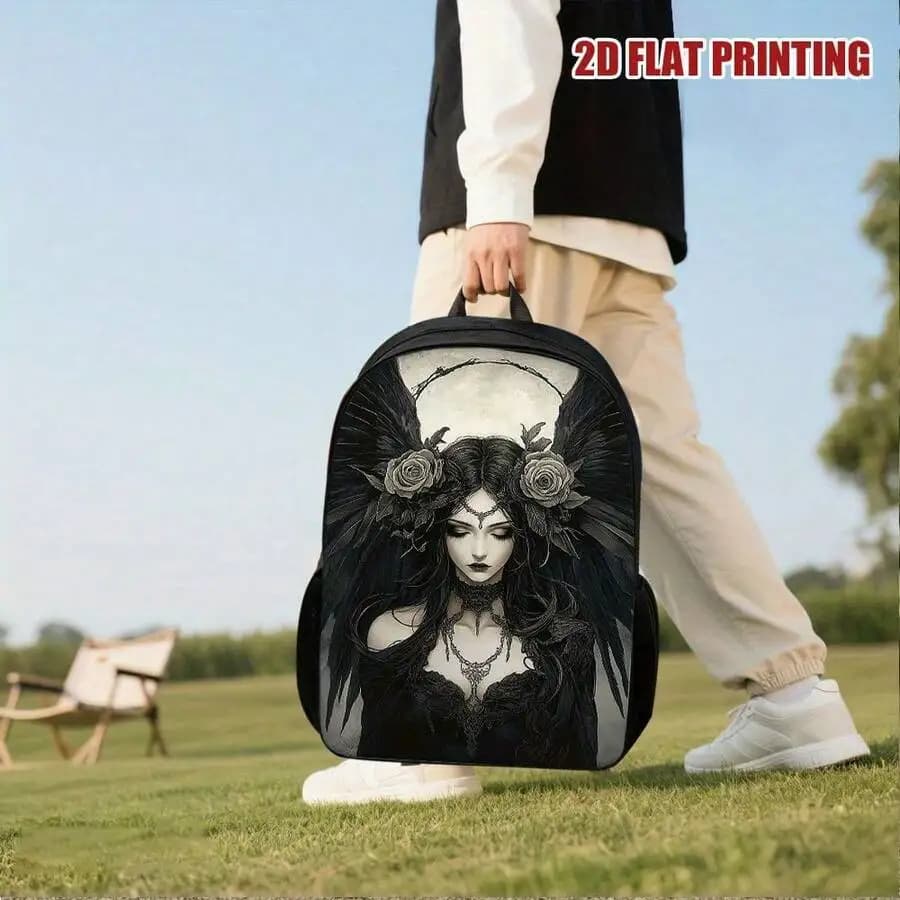 Gothic Phantom Angel Backpack Black 2D Flat Print Rose Feather Design Adjustable Straps Lightweight Large Capacity