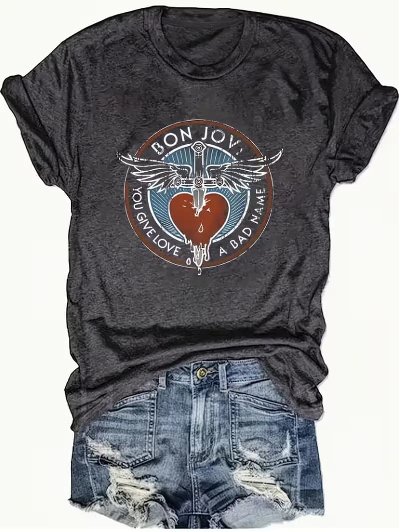 Plus Size Women's Short Sleeve T-Shirt Bon Jovi Heart Sword Wings Logo Everyday comfortable and versatile style summer outfits