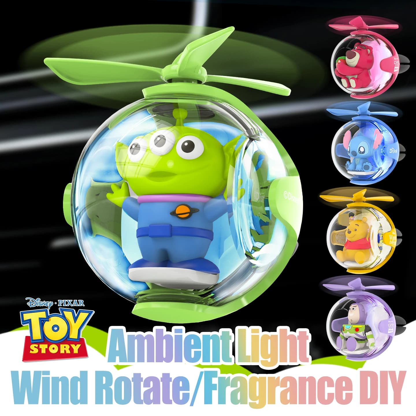 Disney Little Green Men Alien, rotating helicopter with LED ambient light, car ornaments to be inserted in the air outlet.