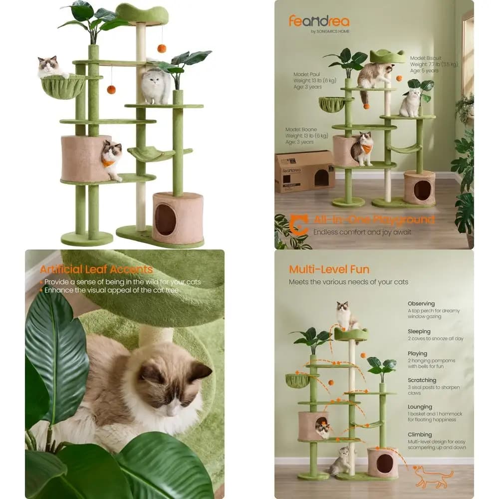 Torre per gatti in peluche multilivello con foglie artificiali, altezza 68,1 pollici, 3 tiragraffi, 2 pompon per arrampicata e riposo