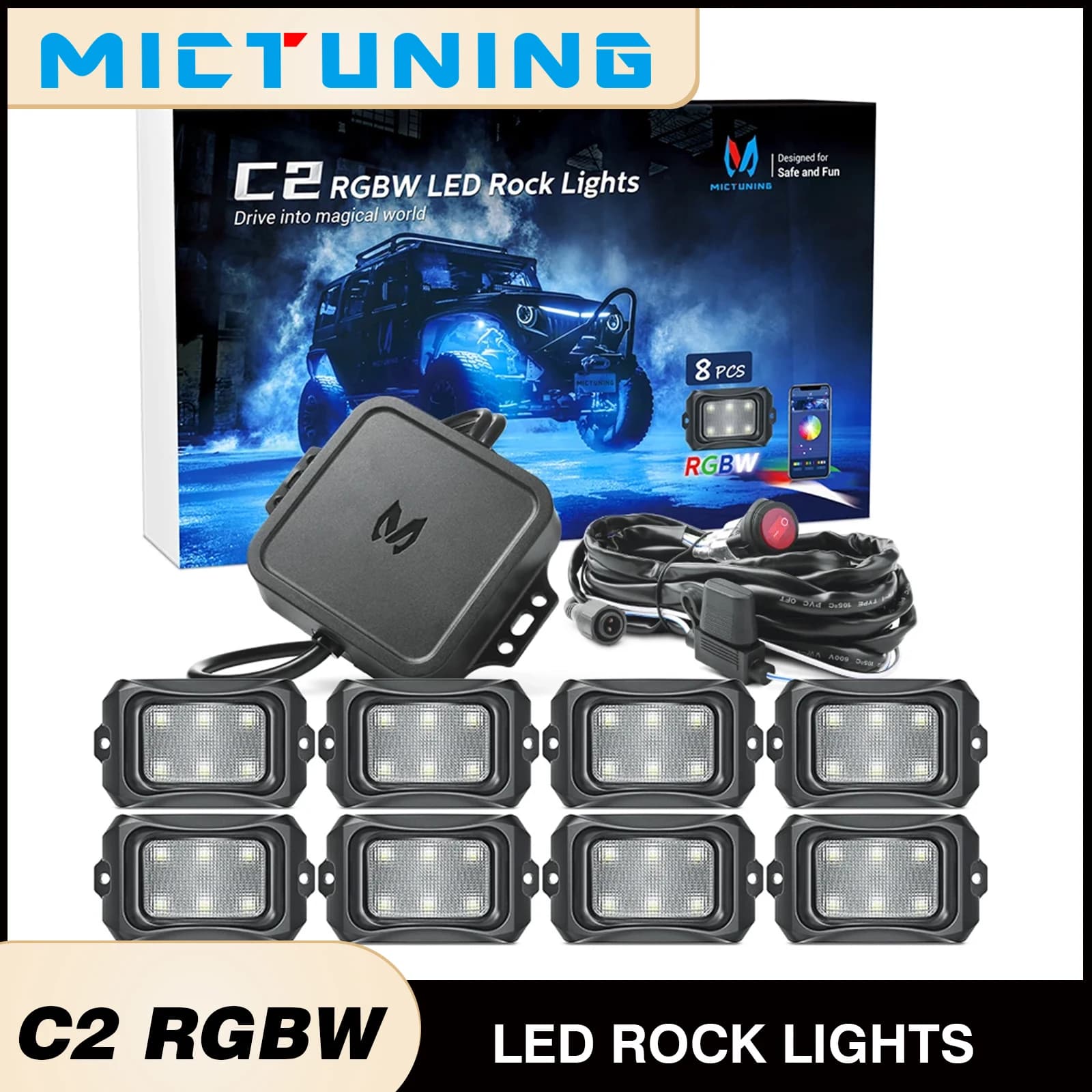 MICTUNING C2 8 Pods RGBW LED Luci da roccia, Kit lampada al neon sottoscocca per atmosfera auto multicolore, IP68 impermeabile per camion barca ATV
