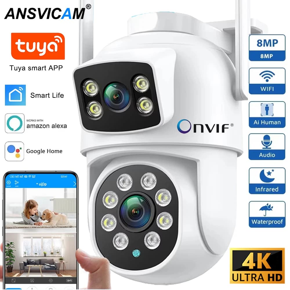 Telecamera WIFI a doppio obiettivo da 8MP PTZ 4K Full HD Doppio schermo Ai Human Auto Tracking Telecamera di videosorveglianza di sicurezza esterna da 4MP Tuya