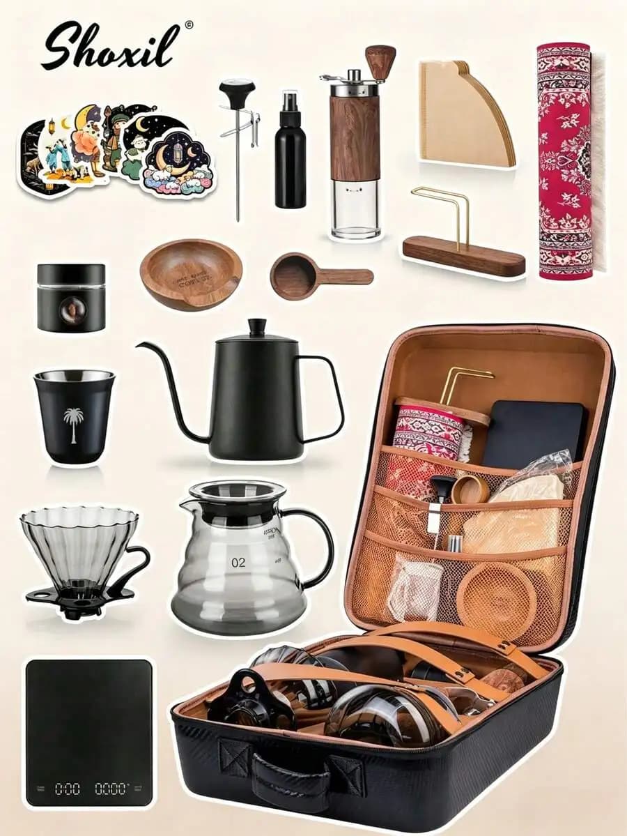 shoxil 1 set of Eid coffee gift box - complete hand-brewed coffee tool kit, including gift box | Includes: 600ml gooseneck kettle, thermometer, glass coffee pot with drip filter