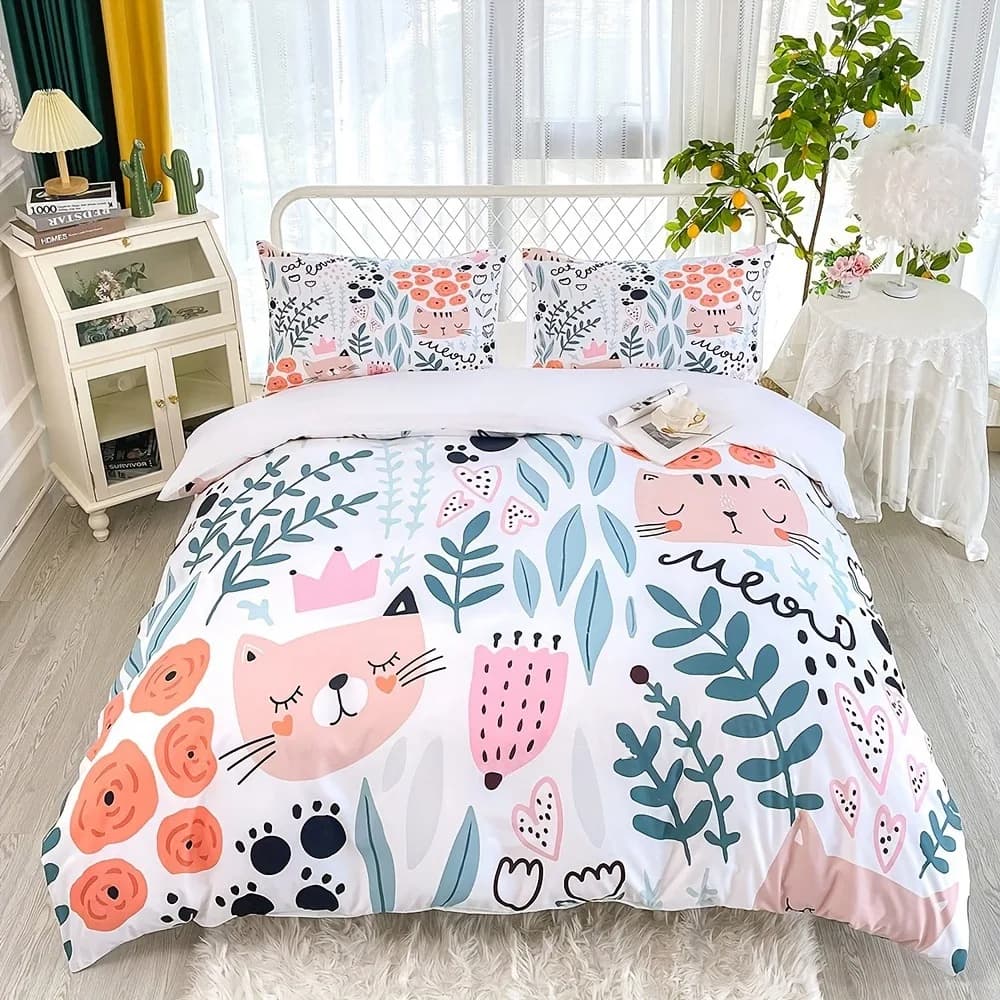 Set biancheria da letto simpatico gatto Set copripiumino cartone animato Set copripiumino Queen King Size Set copripiumino con federa Regalo di compleanno per bambini