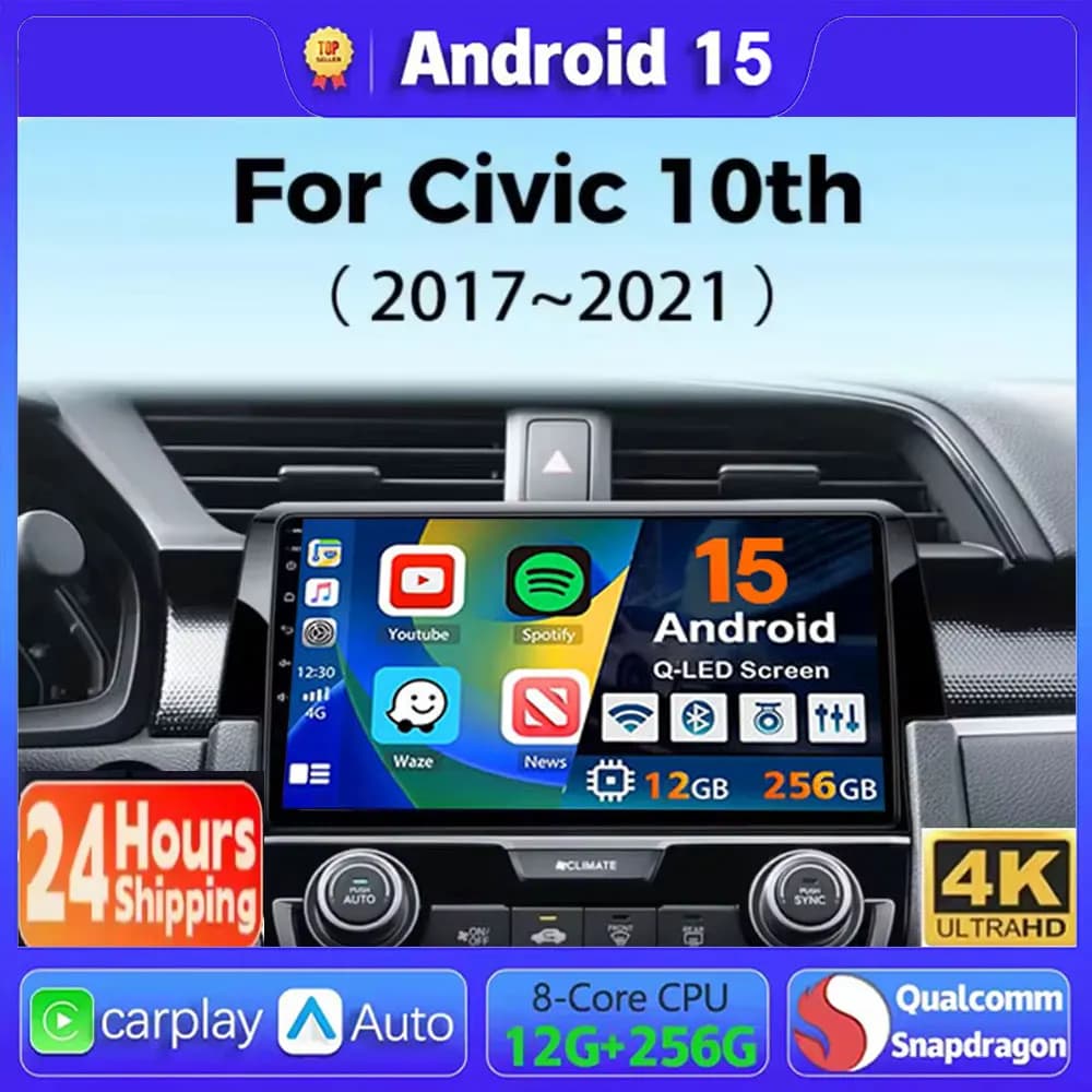 Android 15 For Honda Civic 10th 2016 2017 2018 2019-2021 Carplay Auto Car Radio Multimedia Video Player Navigation GPS 4G WIFI