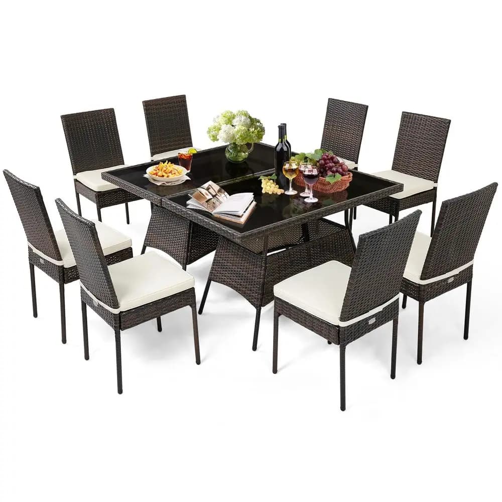 Set da pranzo da giardino in vimini da 10 pezzi, set di tavolo e sedie in rattan da esterno con cuscini imbottiti, tavolo da pranzo in vetro per arredamento da giardino