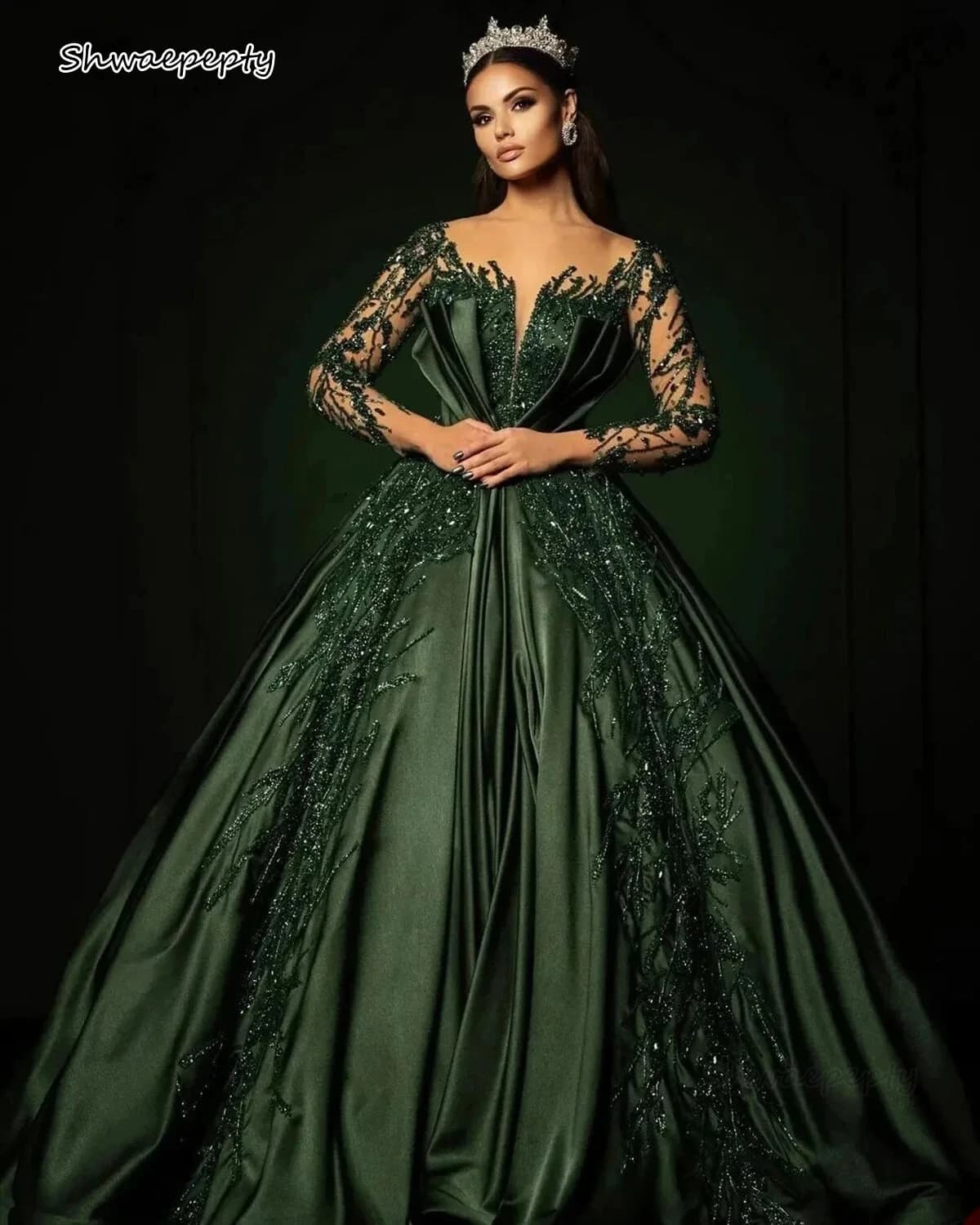 Abiti da sera arabi di lusso Dubai con paillettes in rilievo Hunter Green Satin A-Line Ptom Abito da cerimonia formale maniche lunghe personalizzato