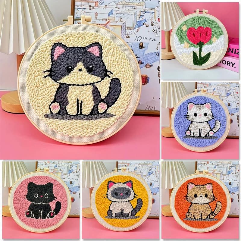 RUOPOTY Cat Punch Needle Starter Kits for Adults Soft Yarn Punch Needle Embroidery Set Handwork Cross Stitch Home Decor Diy Craf
