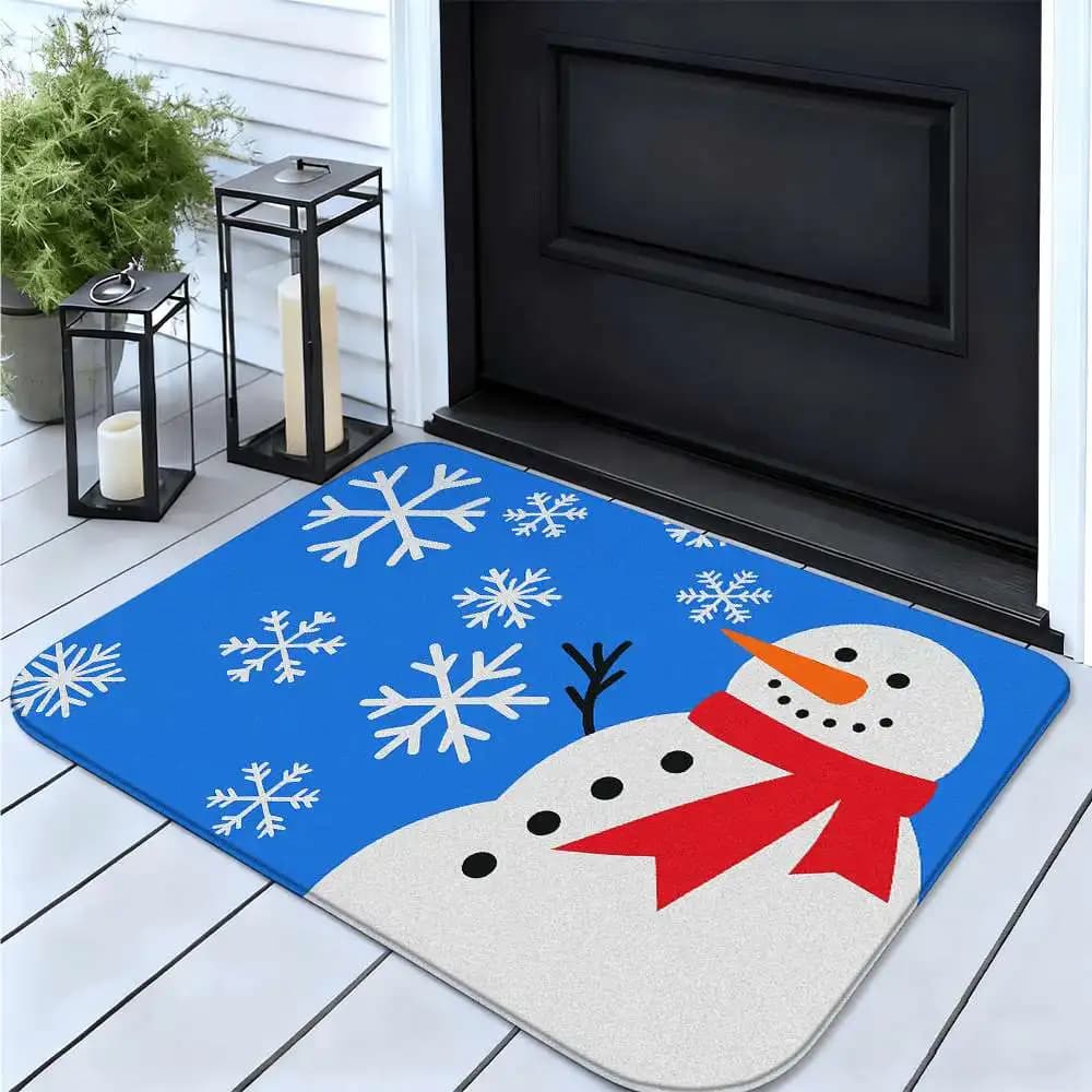 Tappetino natalizio antiscivolo Sfondo blu infantile Pupazzo di neve e fiocco di neve Tappetino natalizio Decorazione festosa Zerbino
