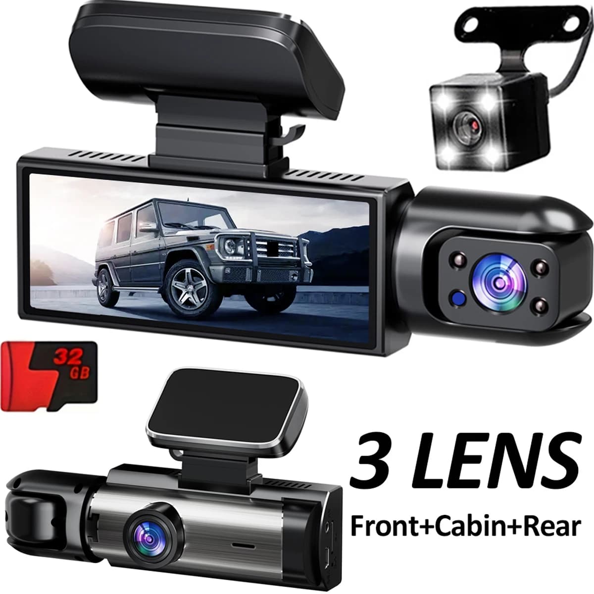 Dash Cam Car DVR 1080P Dashcam for Automobile Surveillance Camera 3 Lens Front Rear Interior Vehicle Video Recorder