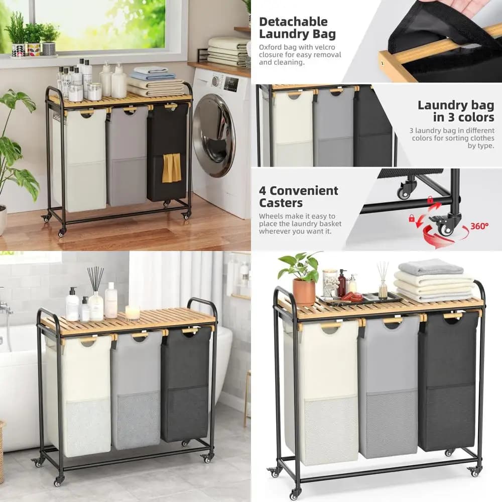 Cesto portabiancheria a 3 sezioni con ripiano rimovibile e sacchi estraibili, carrello portabiancheria con ruote, 3 x 45L (Nero, Beige, Grigio)