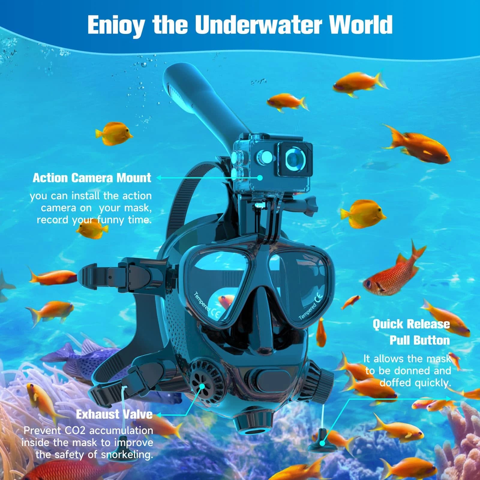Maschera subacquea integrale per immersioni e snorkeling, con cinturino regolabile e supporto per fotocamera, che offre una visuale a 180°. ° Vista panoramica